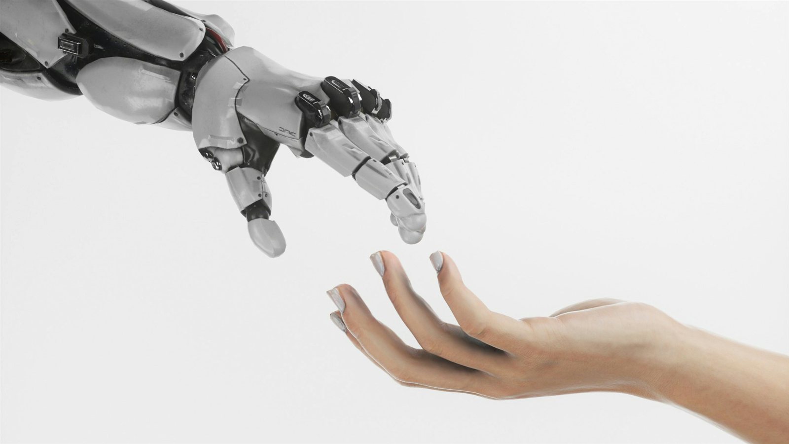 A robotic hand and a human hand reaching toward each other against a white background