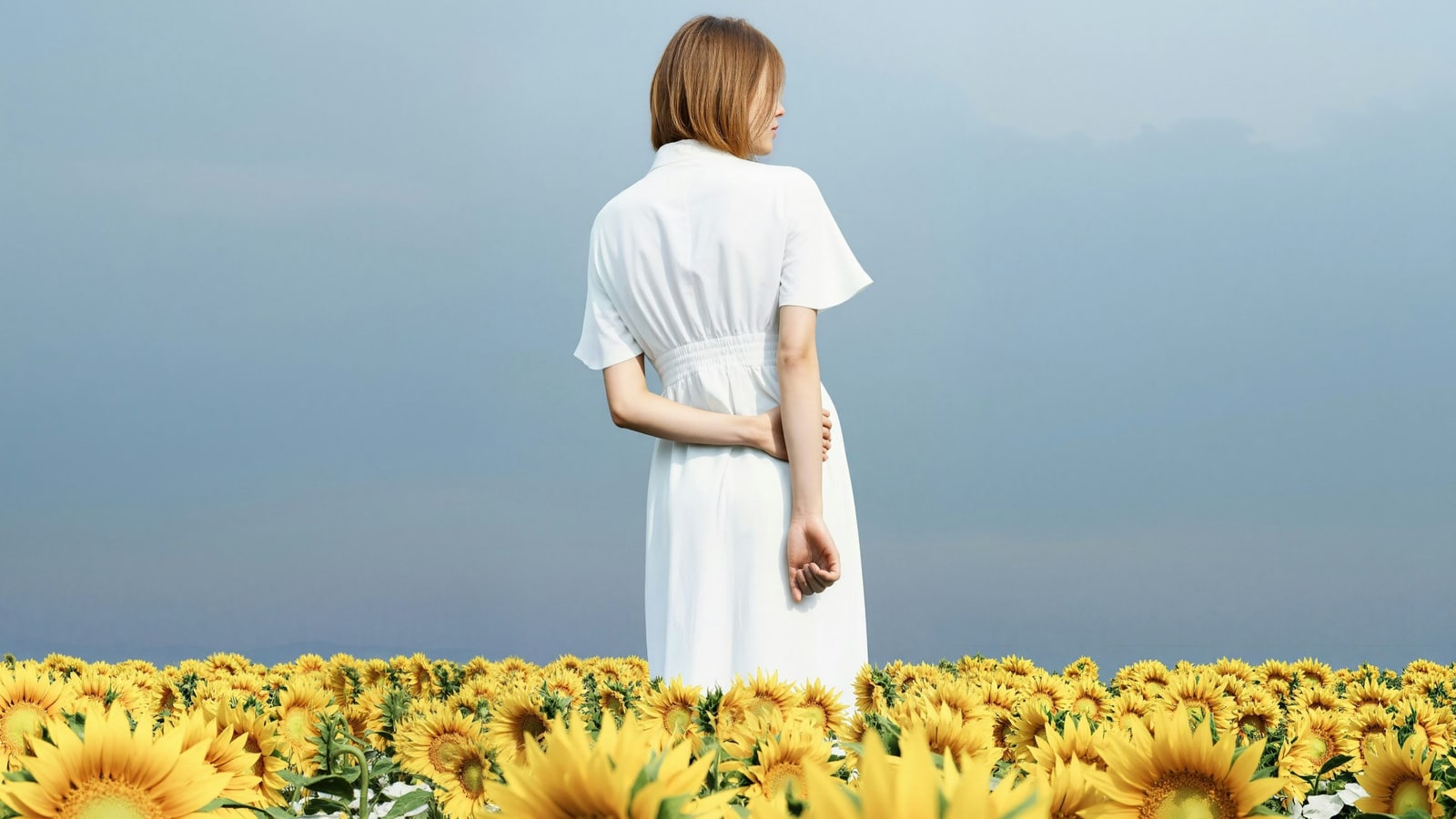 Woman in a white dress standing in a sunflower field beneath a soft overcast sky
