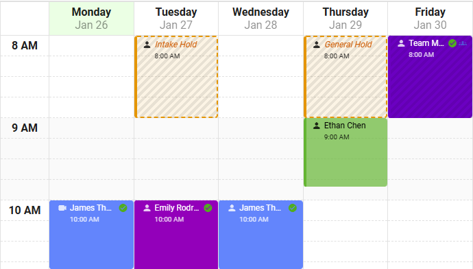 Smart Scheduling calendar view showing weekly appointments with color-coded sessions